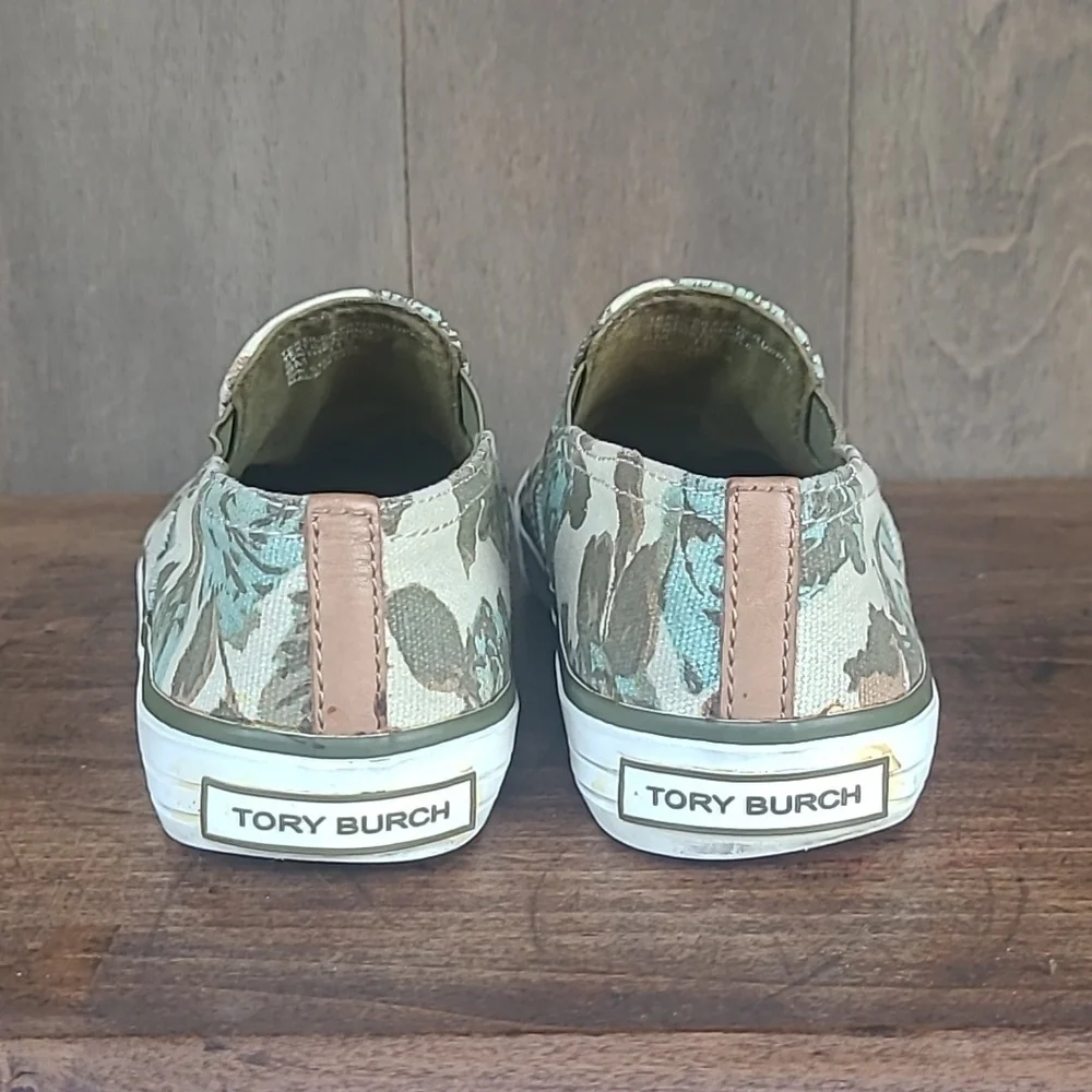 Tory Burch Sneakers Women's sz 6 Green/Cream Floral Slip On Canvas Sneaker